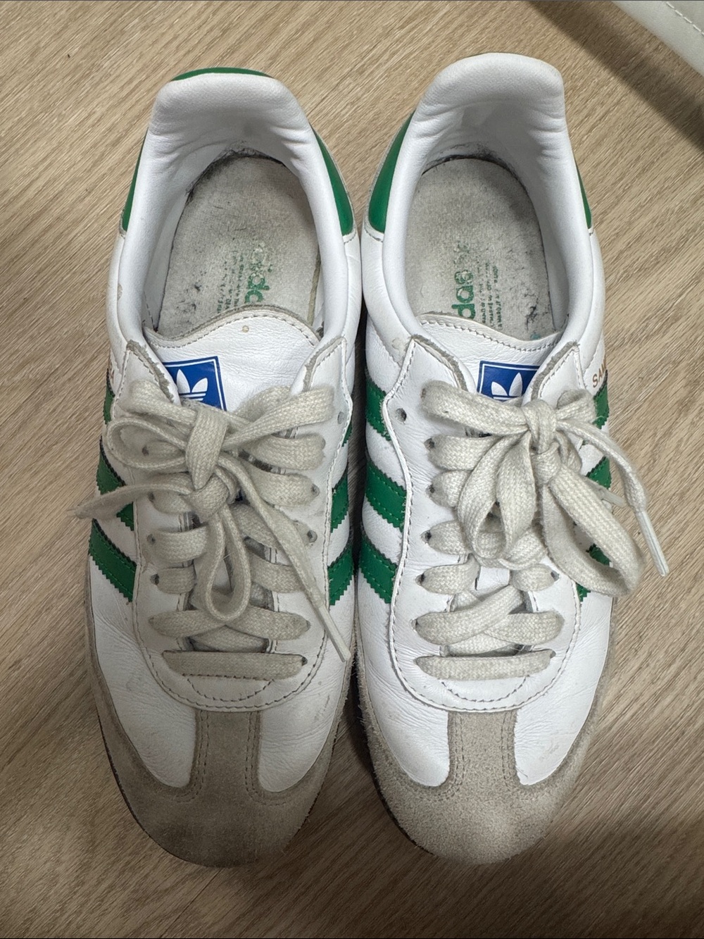 adidas White Sneakers with Green Stripes and Blue Logo